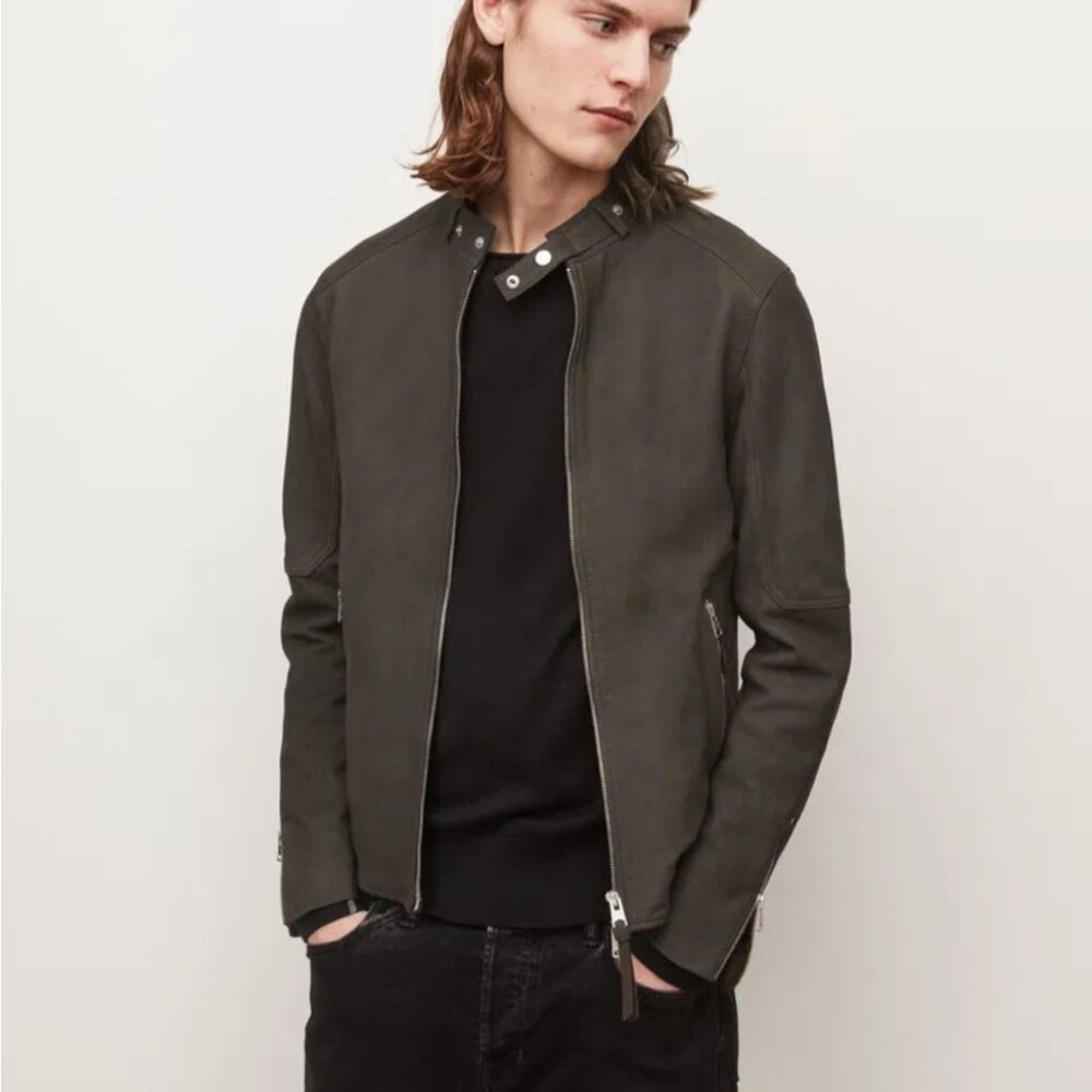 All Saints Cora Suede Leather jacket XS dark olive NWT MSRP $600 - Picture 2 of 11